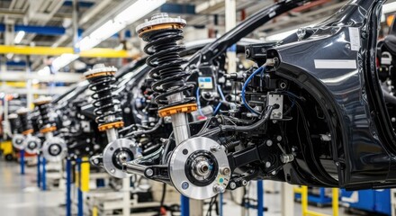 Fototapeta premium Car assembly line with automotive suspension systems and mechanical components being installed. Car manufacturing includes advanced technology, precision engineering, and quality control for vehicles.