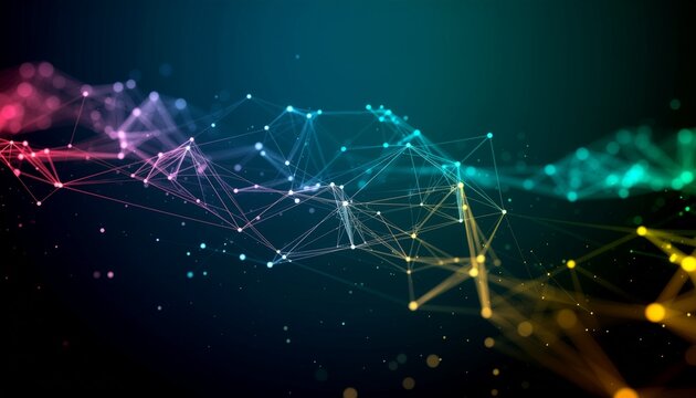 Abstract colorful digital data network of connected dots and lines. A futuristic visual representation of data flow and connections. The image evokes feelings of interconnectedness and technology.
