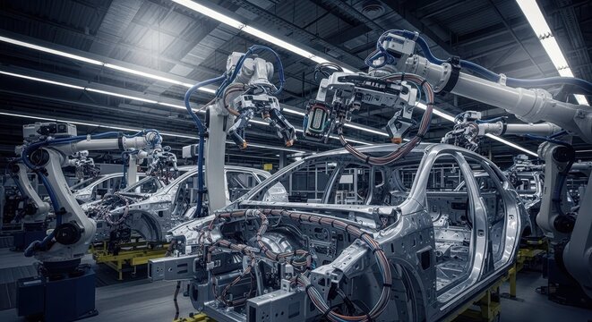 Robotic arms assembling vehicles in modern automotive factory, showcasing advanced manufacturing technology and precision engineering.