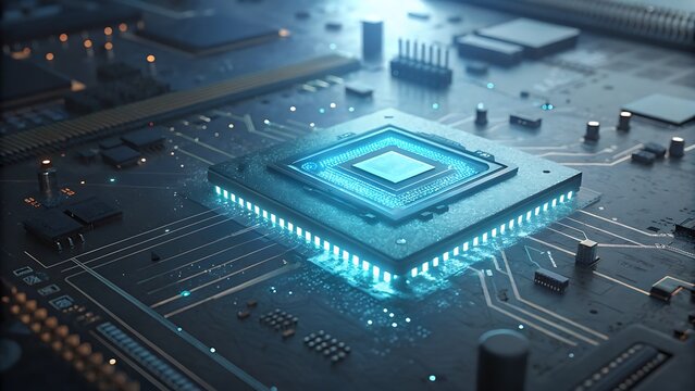 A detailed view of a computer chip on a circuit board, highlighting the complex network of connections and the advanced technology