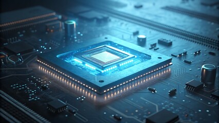 Closeup of a modern computer processor on a circuit board, showcasing the intricate design and advanced technology of the central processing unit
