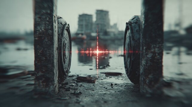 Rusty metal frame with wheels and a glowing cross in the water.