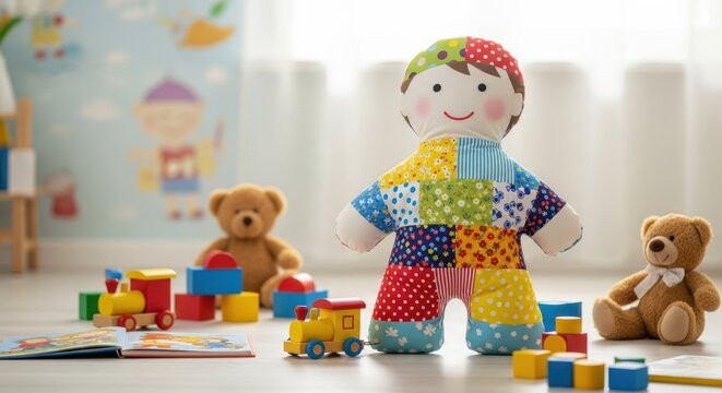 Colorful plush doll with cheerful design surrounded by teddy bears and building blocks in bright playroom.