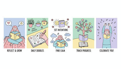 Cute illustration of selfcare routine journaling reflection intention setting progress tracking and celebration