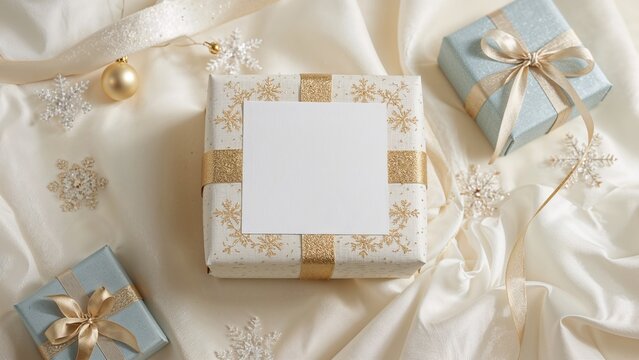 Christmas gift box with gold ribbon and snowflake decorations on satin fabric with additional wrapped presents and ornaments.