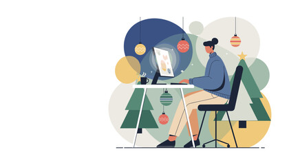 Woman working on a computer in a festive Christmas home office