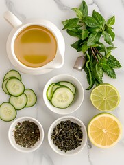 Top view of fresh green tea ingredients with sliced cucumber lemon and dried leaves on white marble background for wellness concept and healthy lifestyle diet.