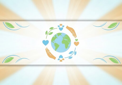 Illustration of planet earth surrounded by hands, hearts, and leaves, symbolizing global care and unity