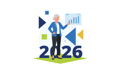 Senior business leader presenting future financial projections and growth data for the year 2026