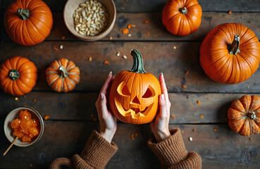 Hands hold carved glowing Halloween pumpkin on rustic wood table. Many orange gourds, seeds, and pulp surround scary jack-o-lantern. This autumn setup shows festive holiday decor and seasonal fun.