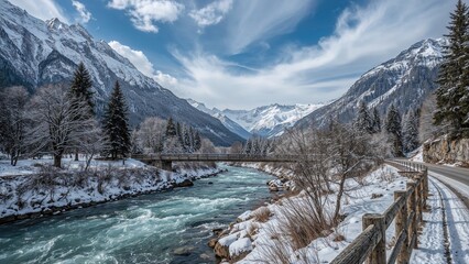 Snow-covered mountains and trees along a river with a bridge and road, landscape of winter mountains.