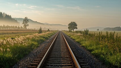 Fototapeta premium A railway track stretching into the distance through a lush green landscape at sunrise or sunset, with trees and hills in the background.
