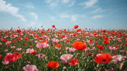 Fototapeta premium Vibrant flower field with red, pink, and orange blossoms under a blue sky with clouds