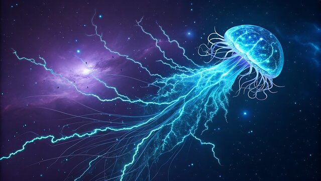 A bioluminescent jellyfish floating in a cosmic space with electric tentacles, representing the beauty and mystery of deep sea and the universe