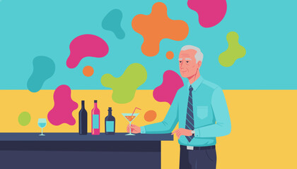 Senior man having a cocktail at a vibrant bar Leisure happy retirement or business networking illustration