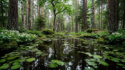 Obraz premium Serene Forest Pond - Tranquil Reflection of Lush Greenery.