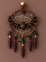 Elegant brown dreamcatcher with metallic bat centerpiece and spiderweb design on mauve background for gothic halloween decoration and spiritual wall ornament.