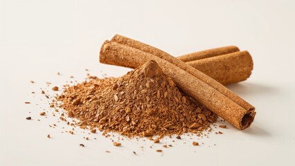 Cinnamon sticks with ground cinnamon powder and scattered pieces. Spices and cooking ingredients. The concept of flavor and seasoning.