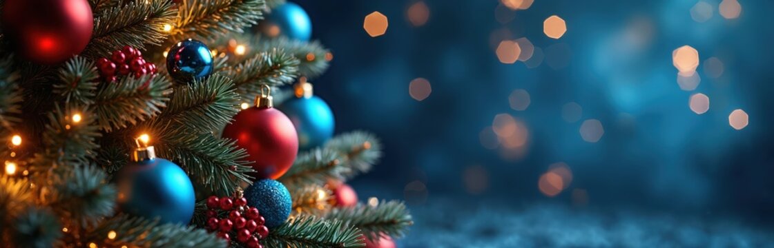Close-up fir tree branches with red blue baubles, bright string lights. Blurry background with soft glowing orange bokeh circles. Festive holiday atmosphere, xmas eve. - Powered by Adobe