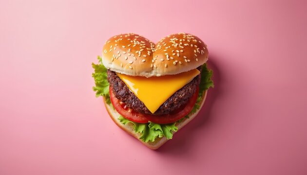 Heart shaped cheeseburger with beef, cheese, lettuce, tomato, and sesame seed bun rests on pink background. Ideal for Valentines Day or restaurant promotions, food photography.