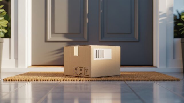 Cardboard Box with Shipping Label on Doorstep. single cardboard shipping package sitting on a clean front door. Represents online shopping, delivery, arrival, and e-commerce