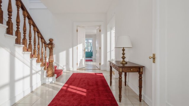 Bright interior hallway with staircase, featuring a red carpet runner and a side table with a lamp, illuminated by natural sunlight. - Powered by Adobe