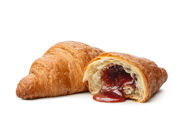 Sliced ​​croissant with fruit jam filling on white isolated background