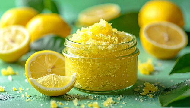 Lemon body scrub in glass jar on green surface, organic skincare, natural cosmetic product - Powered by Adobe