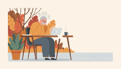 Elderly man stressed and confused using a laptop outdoors amidst autumn foliage