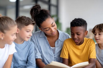 African American woman reads book to diverse elementary students, children listen and look at pages.