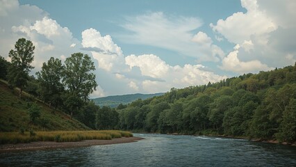 River landscape with trees and hills under a partly cloudy sky. Nature and outdoor scenery, water and forest environment. The concept of natural landscapes and green spaces.