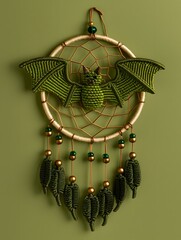 Intricate green macrame bat wall hanging with gold beads and red accents on green background for luxury halloween decoration and creative bohemian textile art.