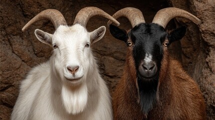 Two Goats Posing - A White and Black Goat Portrait.