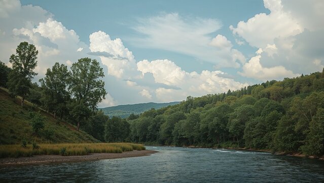 River landscape with trees and hills under a partly cloudy sky. Nature and outdoor scenery, water and forest environment. The concept of natural landscapes and green spaces.