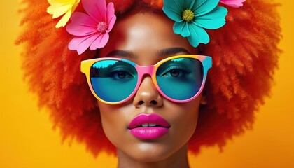 Obraz premium Close-up portrait of young woman with vibrant orange afro hair. She wears colorful sunglasses and bright pink lipstick with tropical flowers in her hair. The background is a solid warm yellow.