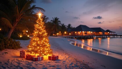 Illuminated Christmas tree sits on sandy beach with gift boxes. Tropical resort buildings with lights glow over calm ocean waves under twilight sky.