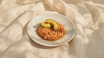 Plate of rice with avocado slices on a white dish, placed on a beige fabric background.
