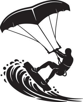 Black silhouette of a kitesurfer riding a wave with a large kite kitesurfing water on transparent background