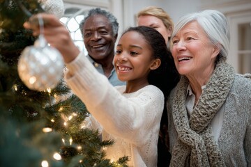 African American girl decorates Christmas tree while multi-generational family including African American man smiles.