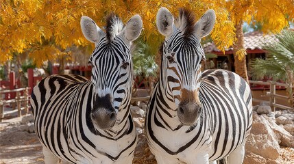 Obraz premium Two Zebras Standing Together in a Sunny Environment.