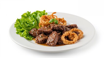 Golden fried onion rings, grilled beef pieces, and fried chicken on a white plate with fresh lettuce leaves.