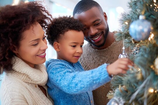 African American parents watch happy child decorating festive Christmas tree with shiny ornaments. - Powered by Adobe