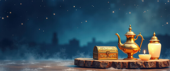 Gold censer, alabaster jar, candle and chest on display under night sky, for Christmas nativity scenes.