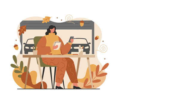 Cozy autumn remote work Woman using dual devices for online communication near garage - Powered by Adobe