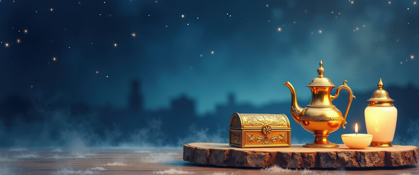 Gold censer, alabaster jar, candle and chest on display under night sky, for Christmas nativity scenes.