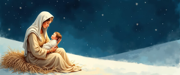 Virgin Mary holding baby Jesus Christ in snowy night, Christmas nativity scene, illustration for religious holiday
