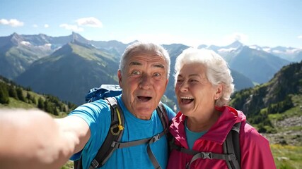 Senior couple taking a funny selfie while hiking in the mountains - Powered by Adobe