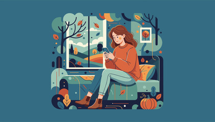 Cozy woman using smartphone indoors with a vibrant autumn landscape outside the window