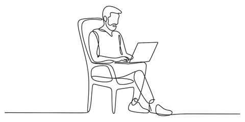 Continuous line drawing of a bearded man working on a laptop while comfortably seated on a chair, showcasing remote work, digital lifestyle, and minimalist design concept Vector