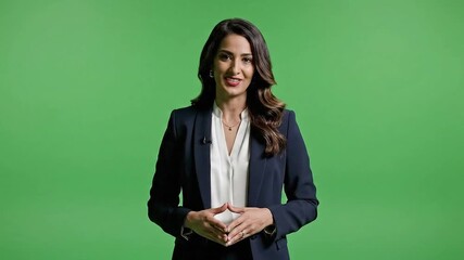 Woman in business attire presents against a vibrant green screen backdrop in a studio setting
